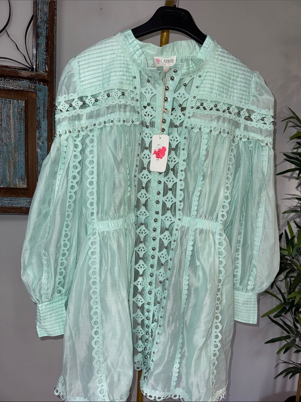 L'ATISTE Mint Lace-Trim Cotton plus size tunic with elastic waist NWT 2X